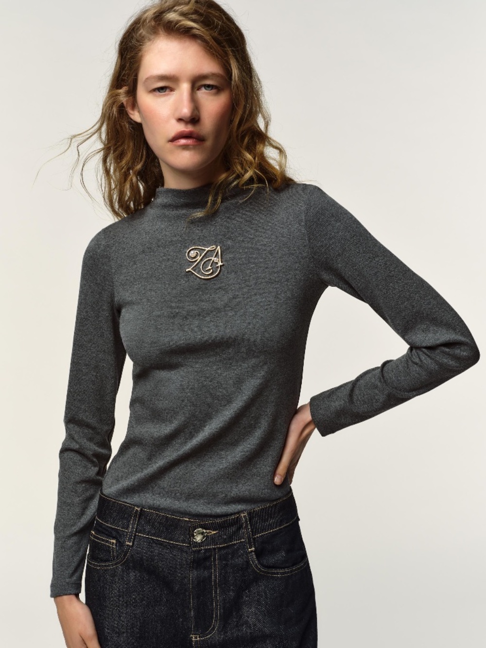 ZARA High Neck Long Sleeve T-Shirt w/ Brooch Dark Gray